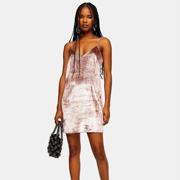 TOPSHOP ROSE PINK GLITTER VELVET SLIP DRESS Short - Picture 2 of 4
